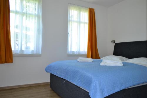 una camera da letto con letto con lenzuola e finestre blu di U Šakalů a Horní Blatná