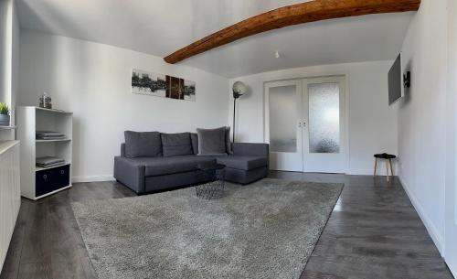 a living room with a couch and a table at Moderne Ferienwohnung mit Terrasse in Guxhagen