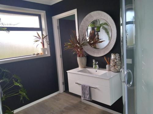 uma casa de banho com um lavatório e um espelho em Hall Street Haven em Te Awamutu