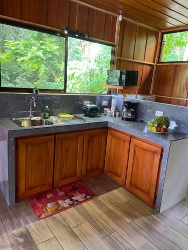 a kitchen with a sink and a counter top at Gambas Lodge in Fortuna