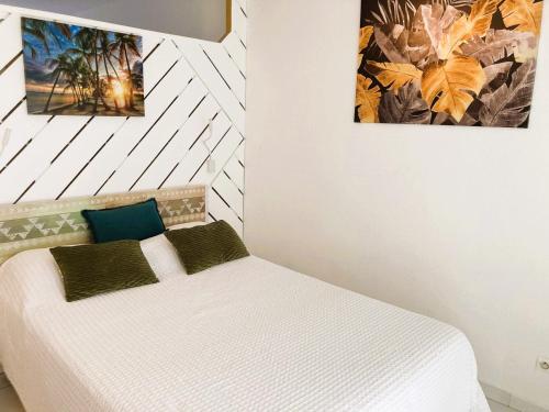 een slaapkamer met een wit bed in een kamer bij Studio Bougainvillier Style Bohème in Marigot