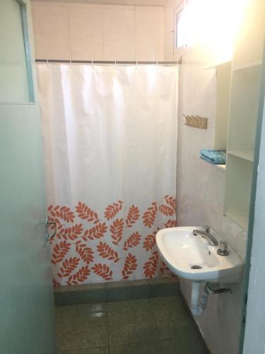 a bathroom with a shower curtain and a sink at Monoambiente pequeño in Bahía Blanca