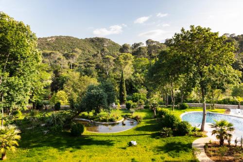 an aerial view of a garden with two pools at Château de Collias in Collias