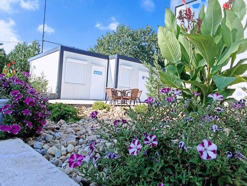 un jardín con flores frente a un edificio en Szusz Szállás en Debrecen