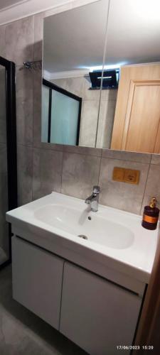 a bathroom with a white sink and a mirror at ÇAYKARA-NANAGA 1883 Four bedroom villa in Çaykara