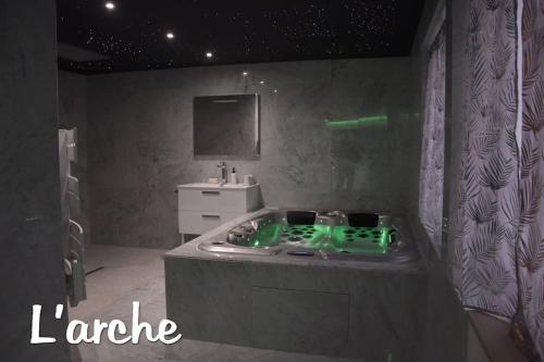 eine Küche mit einem Herd und einem Waschbecken mit grüner Beleuchtung in der Unterkunft L'Arche Loft nid douillet - Spa privatif in Grenoble