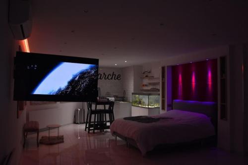 a bedroom with a bed and a flat screen tv at L'Arche Loft nid douillet - Spa privatif in Grenoble