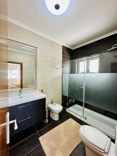 a bathroom with a toilet and a sink and a shower at Reis House in Torre de Dona Chama