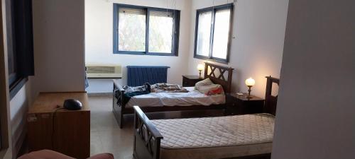a small room with two beds and two windows at hostel Paso de los Andes in Córdoba
