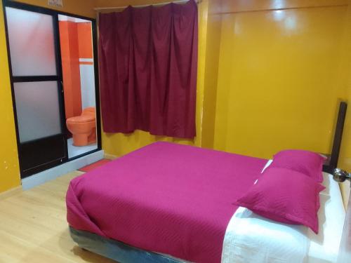 um quarto com uma cama com um cobertor roxo em Hostal Sin fronteras em Uyuni