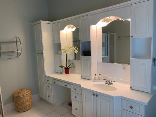 a bathroom with a sink and a mirror at Q Estate Guest Suite heated indoor pool in Westport