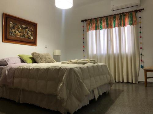 Un dormitorio con una cama grande y una ventana en Amplia casa para 6 huéspedes en Mendoza en Godoy Cruz