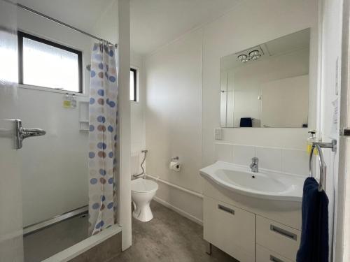 La salle de bains est pourvue d'un lavabo, de toilettes et d'un miroir. dans l'établissement Alpine View Motel, à Kaikoura