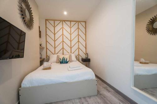Dormitorio pequeño con cama y espejo en Chambre 26m - Salon et kitchenette privé - WIFI, en Woippy