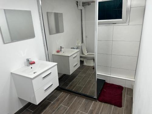 La salle de bains est pourvue de toilettes, d'un lavabo et d'un miroir. dans l'établissement Cosy home, à Livry-Gargan