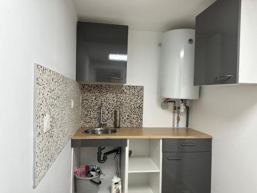 - une petite cuisine avec un évier et des placards noirs dans l'établissement Cosy home, à Livry-Gargan