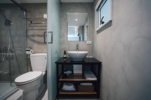 a bathroom with a sink and a toilet and a shower at 天ㄟ露營車 in Dongshan