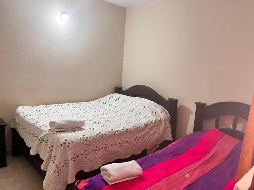 una piccola camera da letto con un letto con una coperta sopra di Hotel La Vega real a La Vega