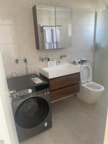 a bathroom with a washing machine next to a toilet at DesSea Island-Sosua Ocean Village in Sosúa