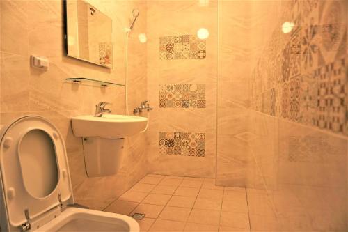 y baño con aseo, lavabo y ducha. en Snail Trail B&B, en Taitung