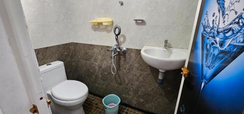a bathroom with a white toilet and a sink at The Grand White House - Entire Villa in Thekkady