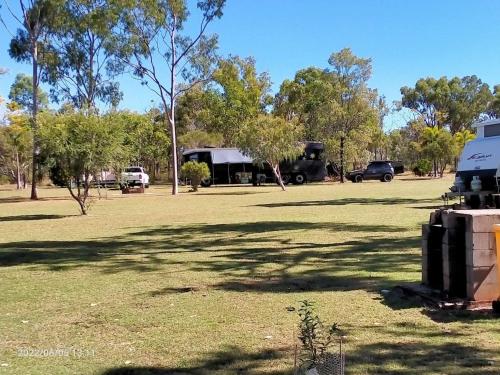 un parco con auto parcheggiate all'ombra degli alberi di Tamarind Gardens Camping, Caravans, Accommodation a Almaden