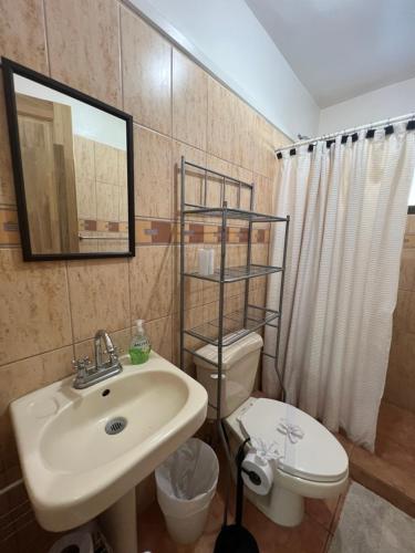 ココにあるMariposa End Unit Loftの洗面台、トイレ、鏡のあるバスルーム