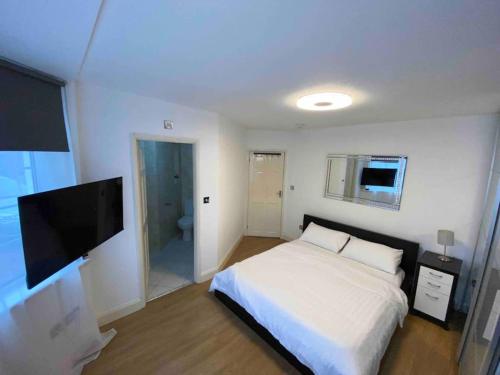 a bedroom with a bed and a flat screen tv at Spacious Studio 30 mins from Luton free parking in The Hyde