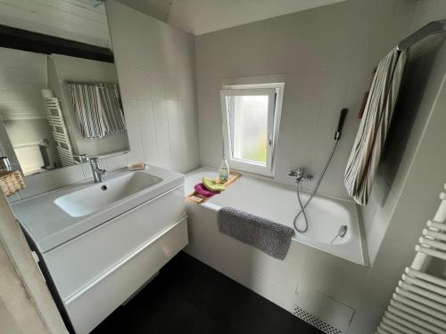 ein weißes Badezimmer mit einer Badewanne und einem Waschbecken in der Unterkunft Chambre dans Villa de charme 1903 in Chêne-Bourg