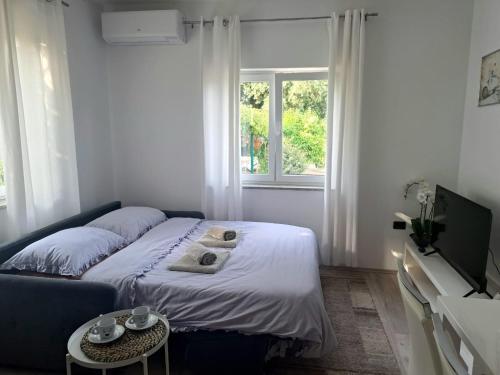 a bedroom with a bed and a couch and a window at Apartman Melita in Galižana