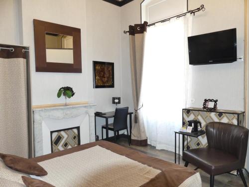 a bedroom with a bed and a fireplace and a television at Hôtel de Charme Le Provence in Salon-de-Provence