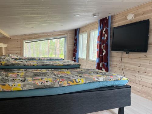 a bedroom with two beds and a flat screen tv at Holiday home Villa Esteri in Pyhätunturi