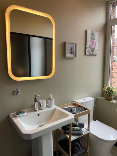 ein Badezimmer mit einem Waschbecken, einem Spiegel und einem WC in der Unterkunft les MAMA Tissia in Lens