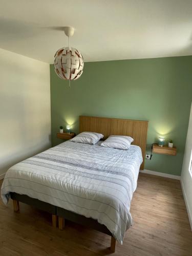 um quarto com uma cama grande num quarto com paredes verdes em Superbe T2 proche de la Gare RER TGV Massy Palaiseau em Massy