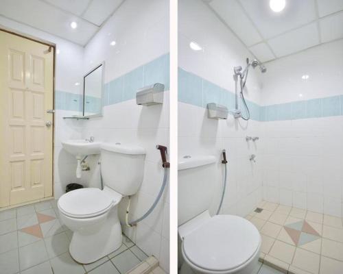 2 immagini di un bagno con servizi igienici e lavandino di HOTEL PANTAI VIEW a Labuan