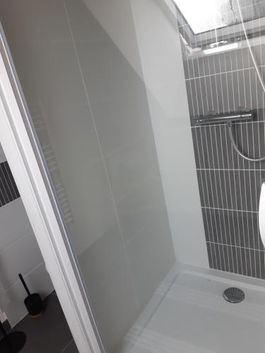 biała łazienka z prysznicem i umywalką w obiekcie Cœur de ville, chambre confortable à louer en Bretagne w mieście Saint-Méen-le-Grand