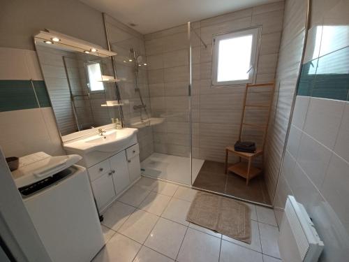 a bathroom with a shower and a sink and a mirror at Appt spacieux et lumineux pour 6 pers in Giffaumont