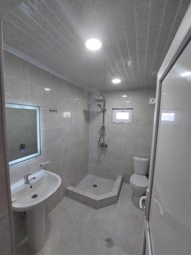 a white bathroom with a sink and a toilet at Apartment in Sighnaghi in Sighnaghi
