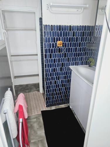 a small bathroom with blue tiles on the wall at 3 rue Maurice Utrillo in Bourg-en-Bresse