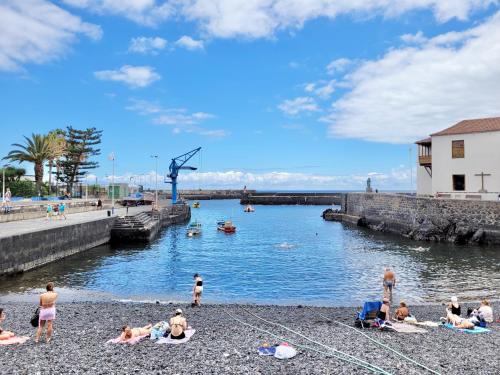 grupa ludzi siedzących na plaży obok rzeki w obiekcie Summer Breeze Penthouse w Puerto de la Cruz