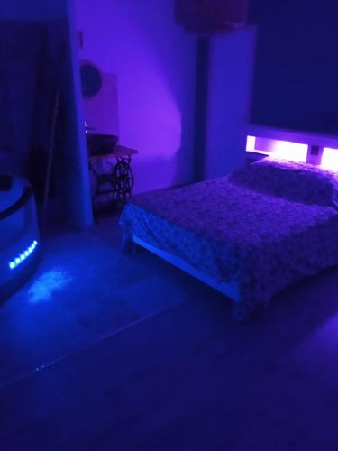 a bedroom with a bed in a purple room at Charme et détente in Allex