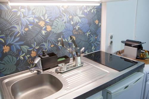 un lavandino in cucina con carta da parati floreale di Studio Lumineux proche de Paris et Disneyland a Villemomble