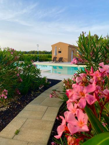 a swimming pool with pink flowers in front of a house at MARIS Apartments & Bedrooms in Alghero