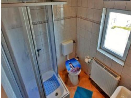 ツェンピンにあるHaus Roselのバスルーム(シャワー、トイレ付)、窓が備わります。