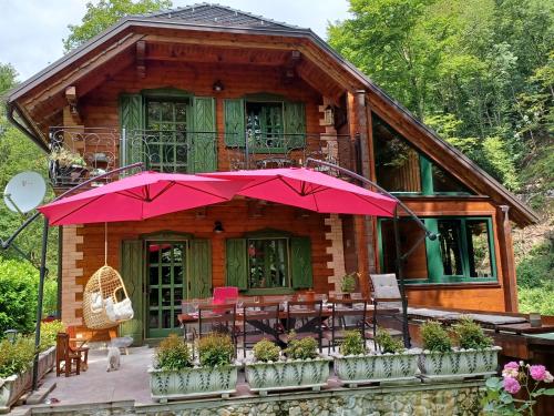 a house with a red umbrella in front of it at Vintage riverside house Slapnica, in the Žumberak Nature Park, finnish sauna and jacuzzi in Krašić