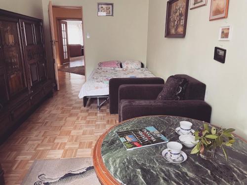 a living room with a table and a couch at Kopice " Kowalczyk In Nature Parks Blue Velo" in Gollnow