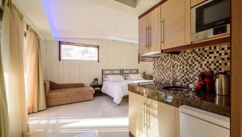 eine Küche und ein Wohnzimmer mit einem Bett in einem Zimmer in der Unterkunft Lume Athens in Athen