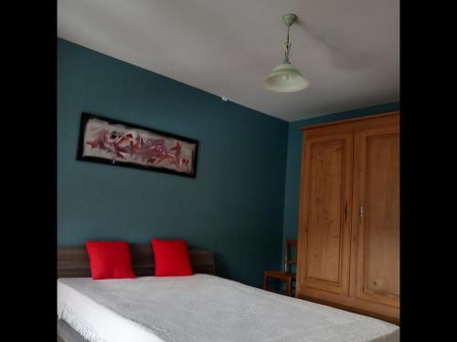 a bedroom with blue walls and a bed with red pillows at Gîte de la Forge in Millières