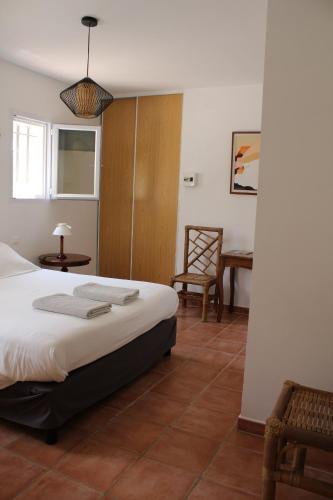 ein Schlafzimmer mit einem Bett, einem Tisch und einem Stuhl in der Unterkunft Bastide Saint Bernard in Le Thoronet