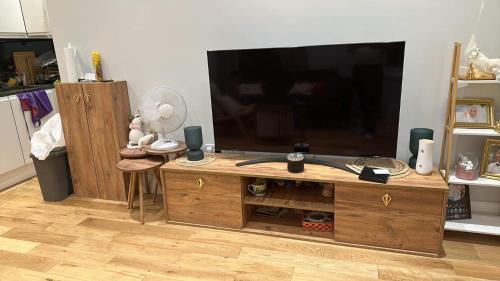 a living room with a flat screen tv on a wooden entertainment center at Acton house in London